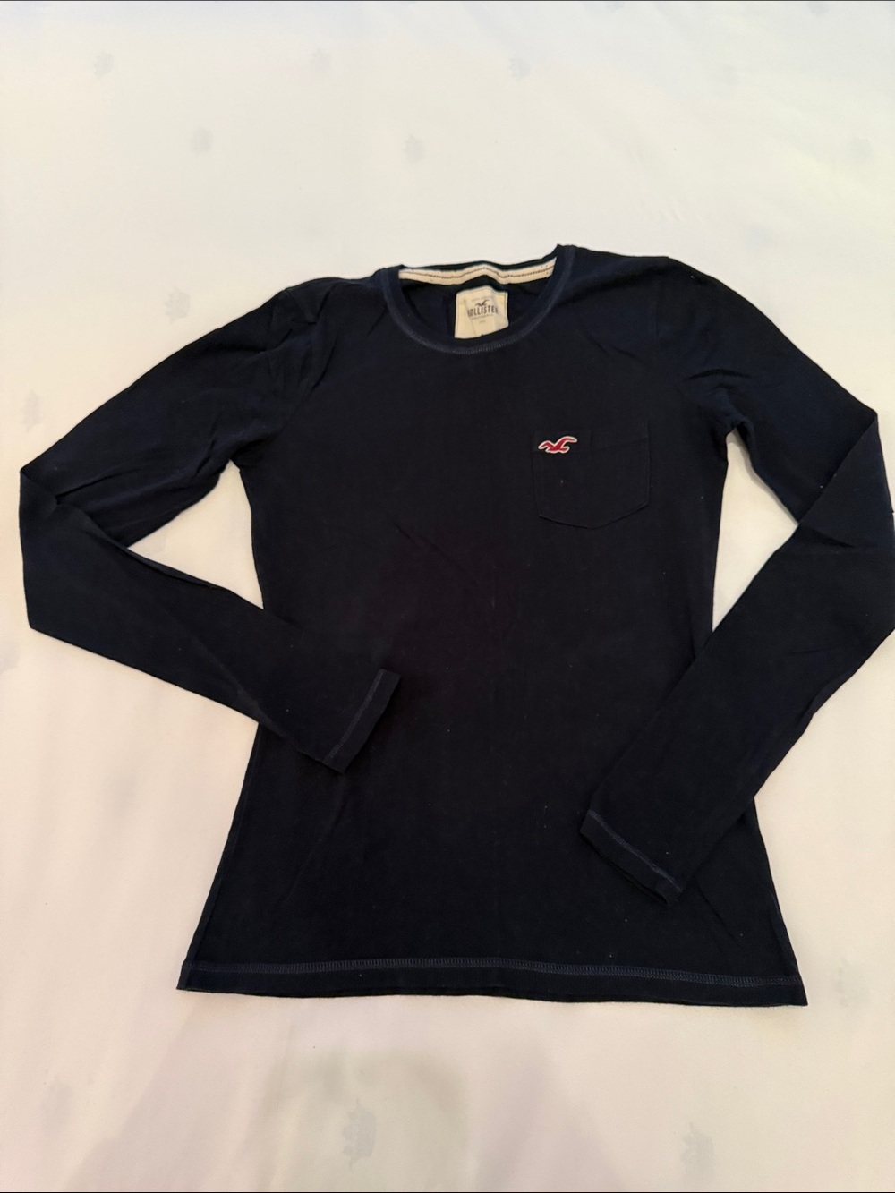 Hollister Navy Long-Sleeve Crewneck Pocket Tee with Red Logo